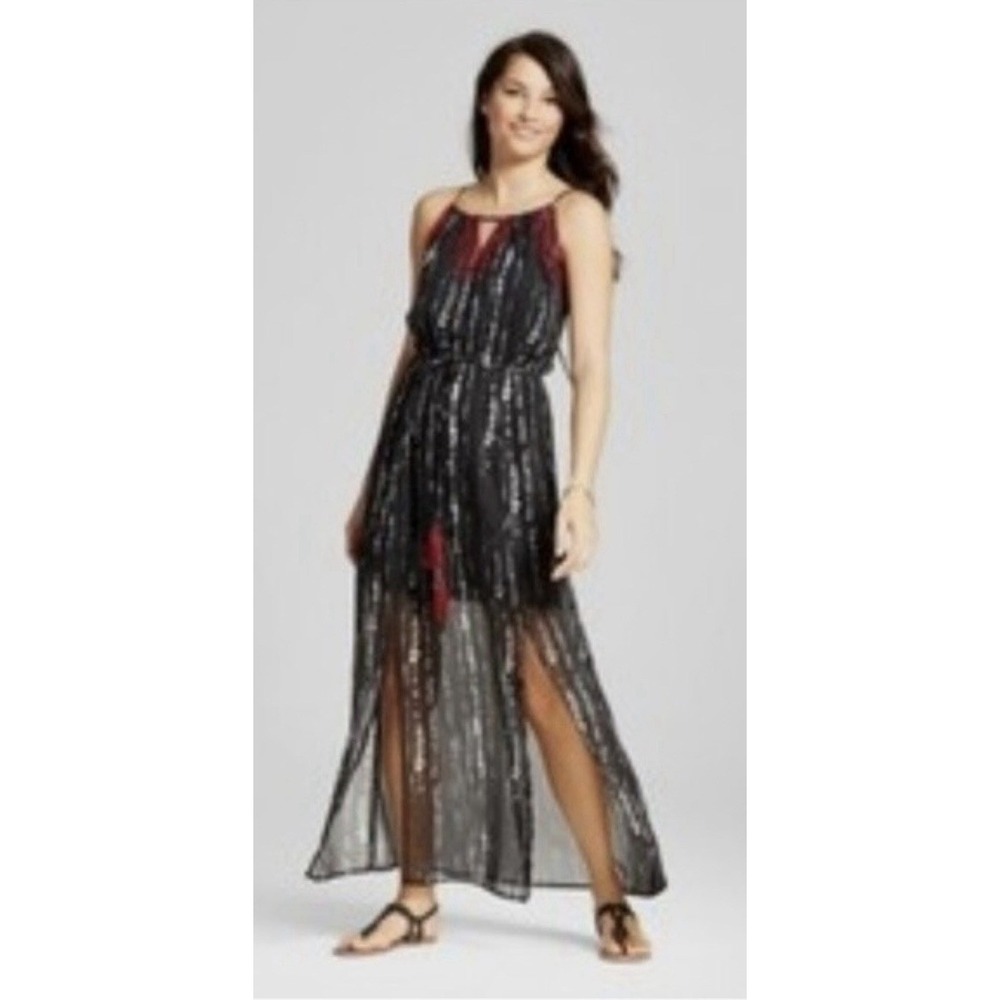 Knox Rose Black Print Chiffon Maxi Dress Elastic Waist Strappy Ties Size L